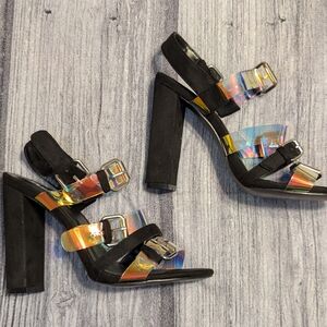 Dolls Kill Iridescent Straps Black Chunky Heels Size 6 Shoes Faux Suede